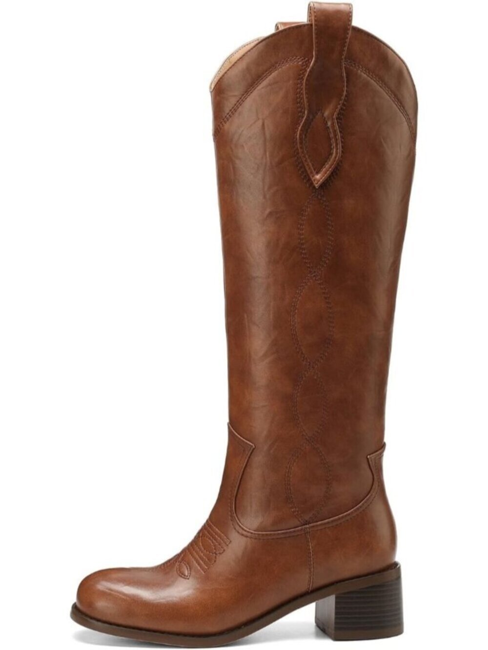 Women's Dark Brown Square Toe Chunky Block Heel Casual Campus Tall Boots Western